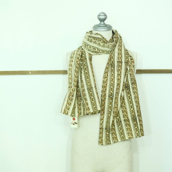 画像1: SLOWHANDS block print stole フラワーストライプストール (1)