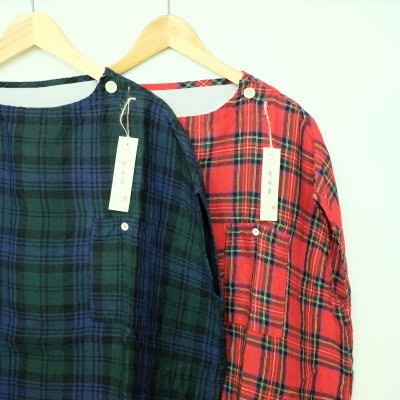 画像1: 快晴堂　タータンチェック　ステッチたくさんフレンチTシャツ   （ブラックウオッチのみ）